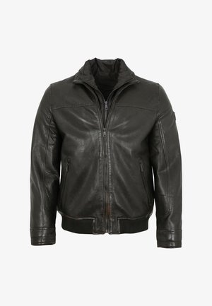 Schwarze Lederjacke mit Reißverschluss, hohem Kragen und geripptem Saum. Verfügt über zwei seitliche Reißverschlusstaschen und dezente Nahtdetails.