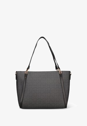 Sac fourre-tout gris en matériau texturé, avec un motif à motifs, deux poignées et des accents métalliques dorés.