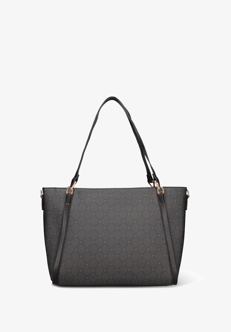 Borsa a tracolla grigia in materiale testurizzato, con design a motivo, doppio manico e dettagli in metallo color oro.