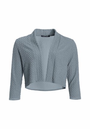 Cardigan corto grigio con trama, apertura frontale, maniche lunghe e colletto sciallato, etichettato "SWING."