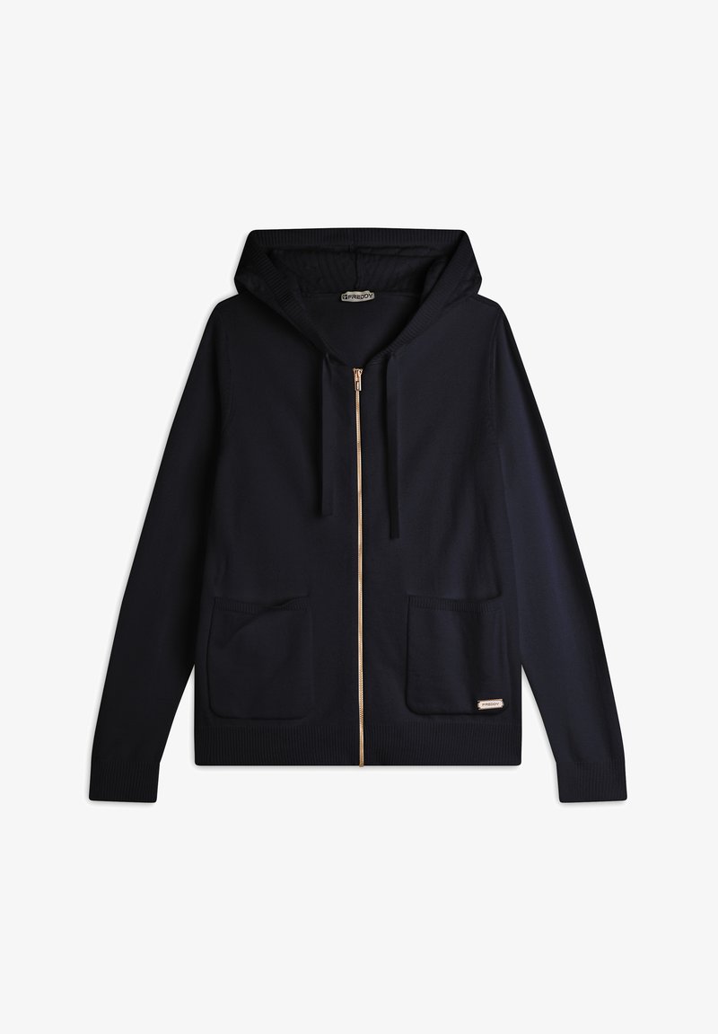 Veste à capuche zippée navy en tissu doux, avec une capuche, deux poches avant, des poignets côtelés et une petite étiquette de logo sur le côté inférieur.