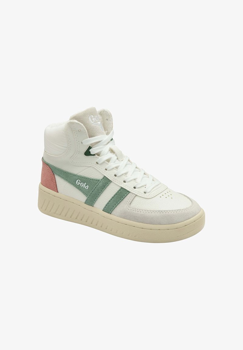Sneaker alte in pelle bianca con accenti verde e rosa, caratterizzate da una suola testurizzata e strisce laterali prominenti.