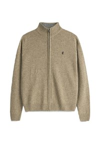 Maglione beige con zip, colletto e orlo a coste. Realizzato in materiale a maglia testurizzato, presenta un piccolo logo sul lato sinistro del petto.
