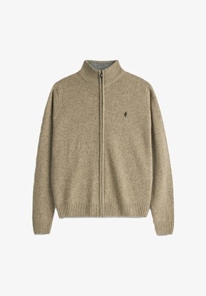Maglione beige con zip, colletto e orlo a coste. Realizzato in materiale a maglia testurizzato, presenta un piccolo logo sul lato sinistro del petto.