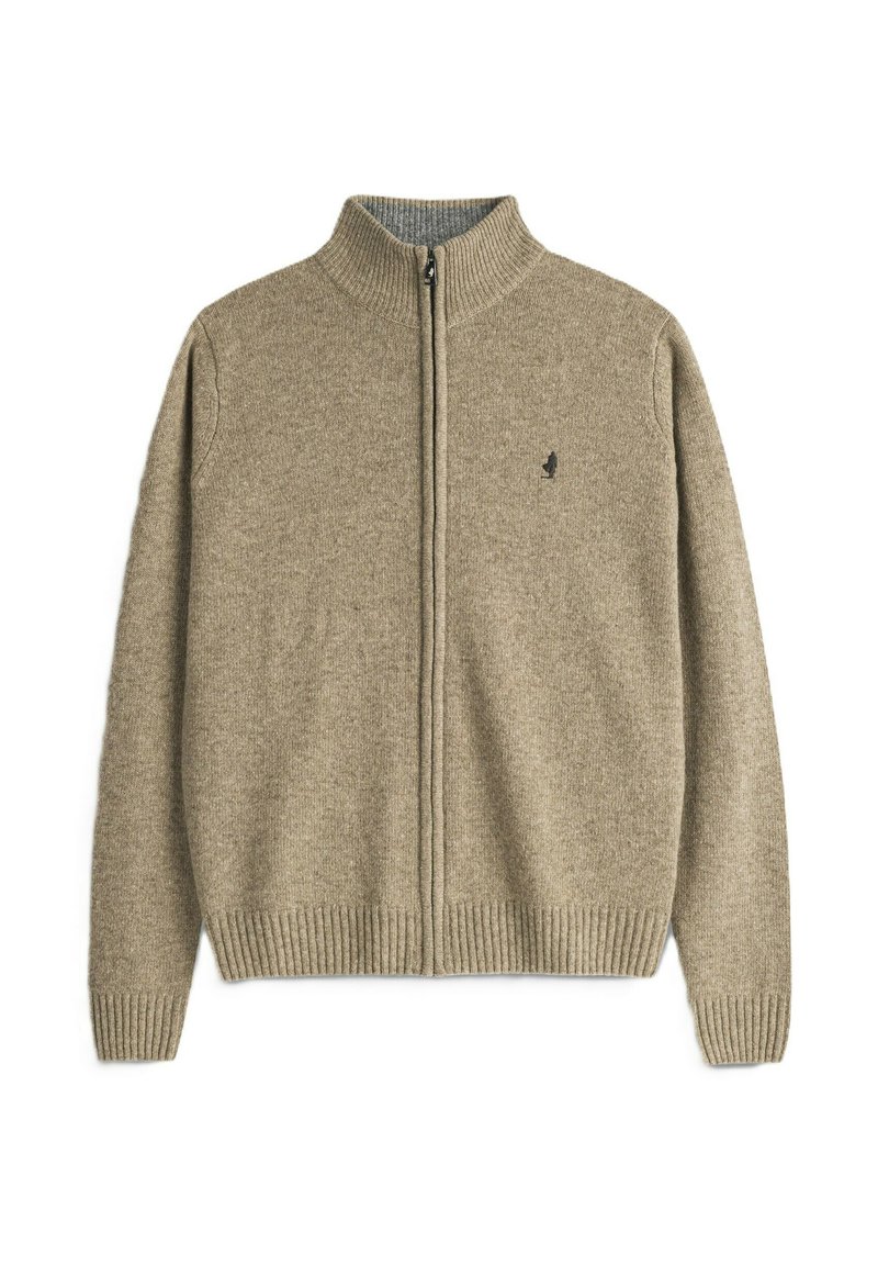 Maglione beige con zip, colletto e orlo a coste. Realizzato in materiale a maglia testurizzato, presenta un piccolo logo sul lato sinistro del petto.