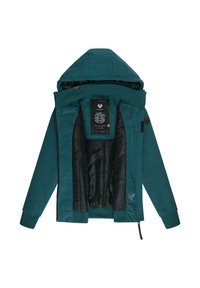 Teal hettejakke med glidelås foran, som har et teksturert ytre lag og en svart quiltet fôr. Inkluderer merkelapper og detaljer.