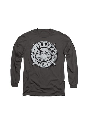 Dunkelgraues Langarmshirt mit einem abgenutzten TMNT Rebels-Graphic, das das Gesicht eines Cartoon-Charakters und gekreuzte Nunchakus zeigt.