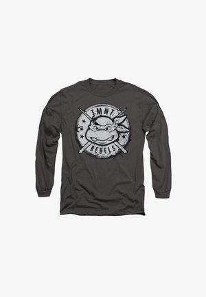 Dunkelgraues Langarmshirt mit einem abgenutzten TMNT Rebels-Graphic, das das Gesicht eines Cartoon-Charakters und gekreuzte Nunchakus zeigt.