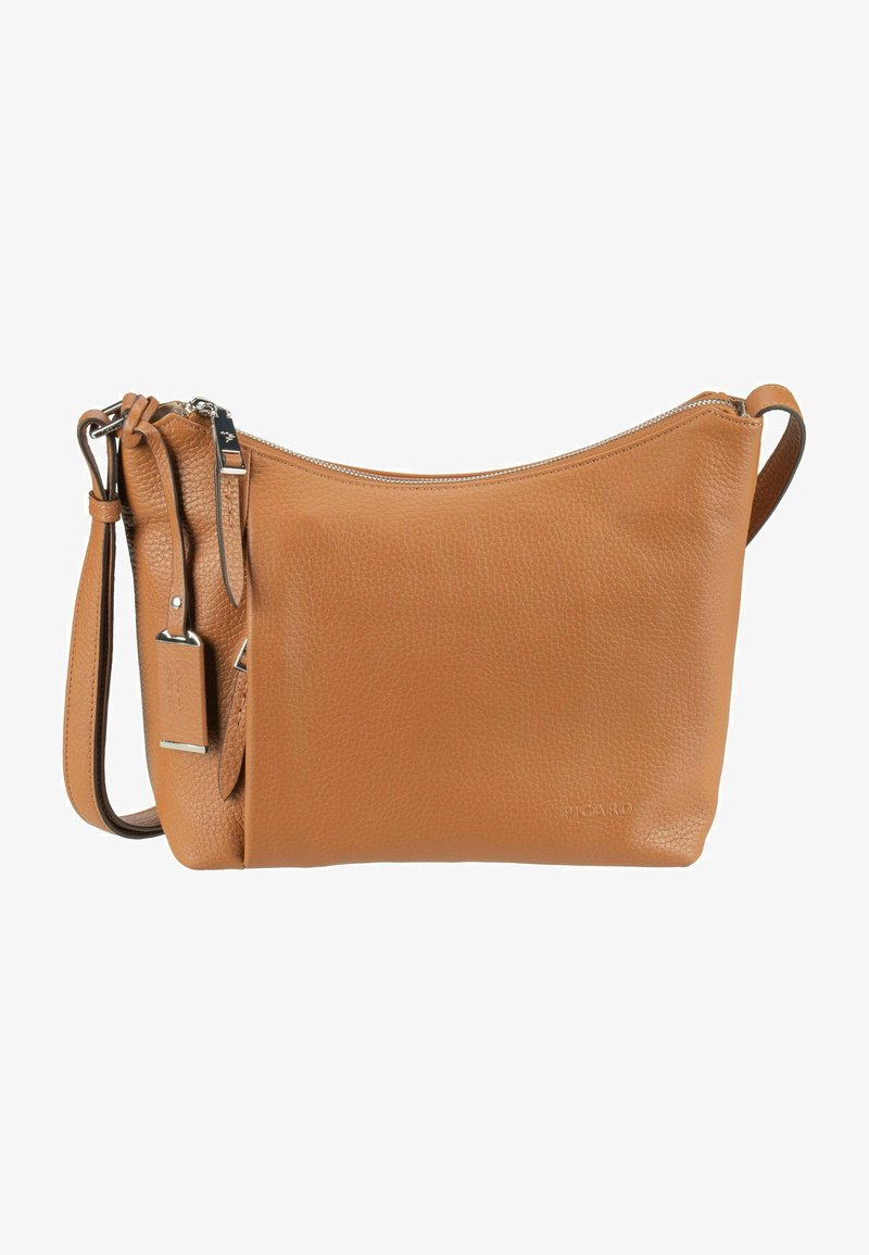 Tasche aus tanfarbenem Leder im Crossbody-Style mit strukturiertem Finish, Reißverschluss und verstellbarem Schulterriemen. Hervorgehobenes Logo-Detail an der Seite.