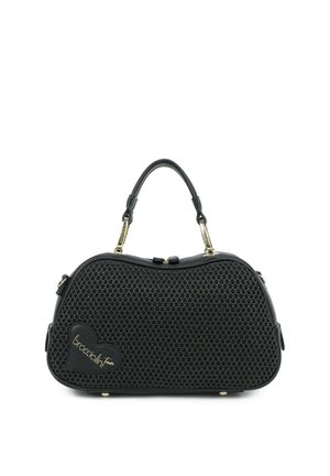 Borsa nera testurizzata con manico superiore, ferrature dorate e toppa con logo a forma di cuore con la scritta "braccialini tua" sul davanti.