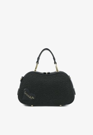 Borsa nera testurizzata con manico superiore, ferrature dorate e toppa con logo a forma di cuore con la scritta "braccialini tua" sul davanti.