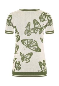 Top de punto con estampado de mariposas verdes, de manga corta, cuello redondeado y rayas verdes en contraste en los puños y el dobladillo.