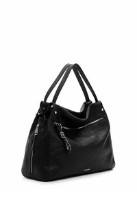 Black leather handbag with two shoulder straps, zippered pocket on the front, and silver hardware accents. Textured finish with a slouchy design.