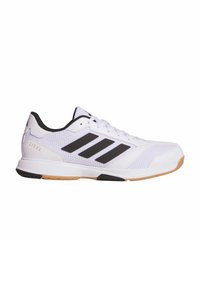 Weißer Sportschuh mit schwarzen Akzenten, ausgestattet mit einem Mesh-Obermaterial, drei schwarzen Streifen und einer Gummisohle für besseren Halt. Leichtes Design.