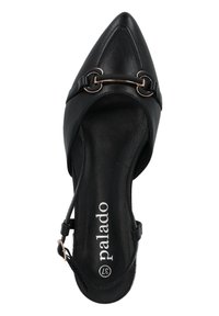 Zapato negro de tacón plano con punta afilada, parte superior de cuero, correa ajustable en el tobillo y detalles en hardware dorado. Textura suave con suela plana.