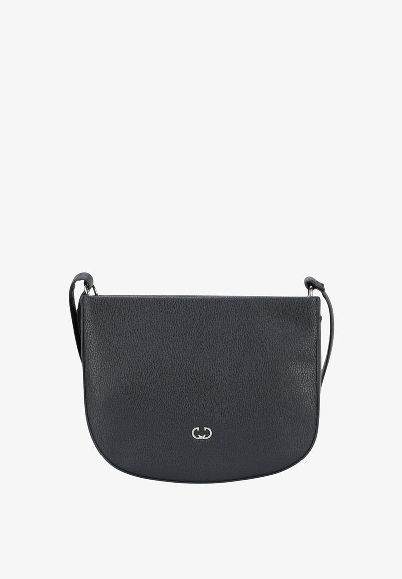 Borsa a tracolla in pelle nera con una texture liscia, forma arrotondata e dettaglio logo double-G argentato sul davanti. Include una tracolla regolabile.