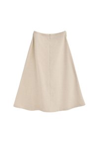 Beige A-linje nederdel lavet af blødt stof, med en glat tekstur og en bagside søm med en diskret lynlås lukning.