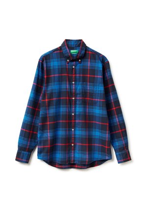 Overhemd met lange mouwen en knopen, met een blauw, zwart en rood geruit patroon, voorzien van een borstzak en een button-down kraag.