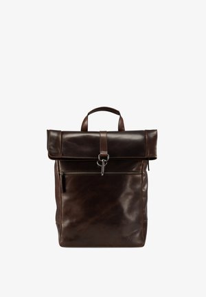 Brauner Leder-Rucksack mit Rolltop-Design, Tragegriff und vorderer Reißverschlusstasche. Verfügt über eine glatte Textur und polierte Hardware-Akzente.