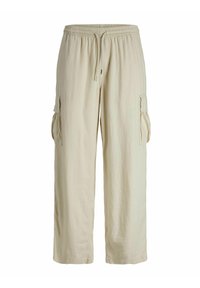 Beige cargo kalhoty s elastickým pasem, stahovací šňůrkou a bočními kapsami pro uložení. Vyrobeno z lehkého materiálu pro pohodlí.
