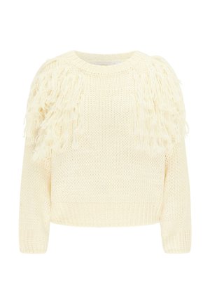 Kremowy sweter dziewiarski z okrągłym dekoltem i teksturowanym frędzlami na ramionach. Krótkie dopasowanie z ściągaczami na rękawach.