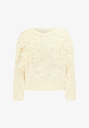 Kremowy sweter dziewiarski z okrągłym dekoltem i teksturowanym frędzlami na ramionach. Krótkie dopasowanie z ściągaczami na rękawach.