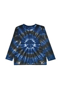 Langarm-Tie-Dye-Shirt in Marineblau, Schwarz und Weiß. Verfügt über ein Spiral-Muster, einen Rundhalsausschnitt und ein kleines Logo am Saum.