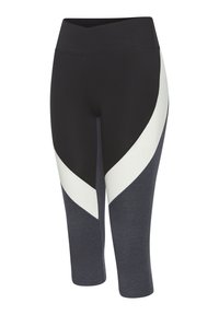 Zwarte en grijze capri legging met een diagonale witte streep, gemaakt van rekbaar materiaal met een gladde textuur en een elastische tailleband.