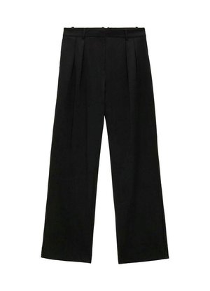 Pantaloni neri a gamba larga con pieghe, caratterizzati da una texture liscia e un design a vita alta. Stile minimalista, senza hardware o decorazioni visibili.