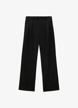 Pantaloni negri cu picioare largi și pliseuri, având o textură netedă și un design cu talie înaltă. Stil minimalist, fără accesorii sau detalii vizibile.