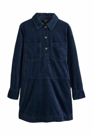Langemouwen navyblauwe corduroy jurk met kraag, drie knopen aan de voorkant en twee borstzakken, weergegeven op een witte achtergrond.