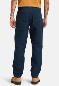 Navy blue canvas pants with a relaxed fit, featuring two back pockets and a logo label. Reinforced stitching and durable design.