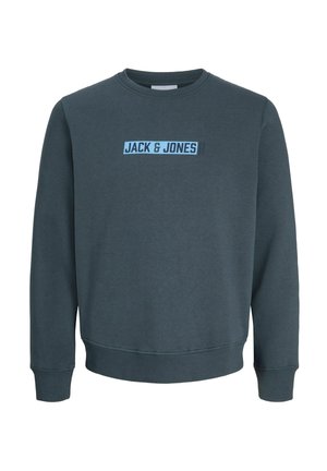 Sweat-shirt gris foncé à col rond avec poignets et bas côtelés, avec le texte « JACK & JONES » en bleu sur la poitrine.