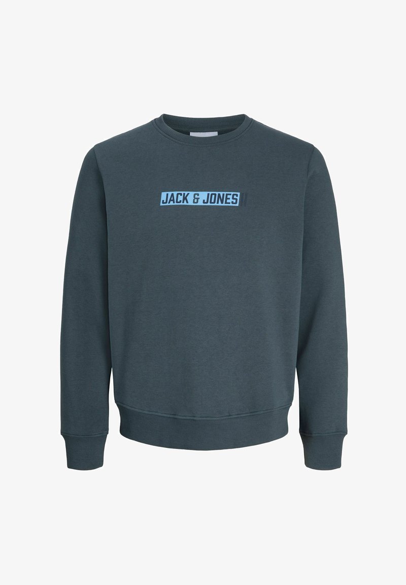 Sweat-shirt gris foncé à col rond avec poignets et bas côtelés, avec le texte « JACK & JONES » en bleu sur la poitrine.