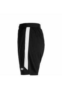 Shorts de sport noirs en tissu léger, avec une bande latérale blanche, une taille élastique et le logo AKO en bas à gauche.