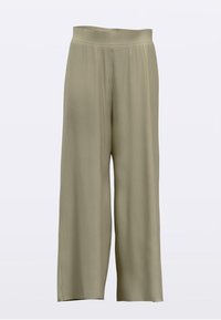 Light olive green wide-leg trousers with a textured finish and an elastic waistband. Features a loose fit that flows from the waist.