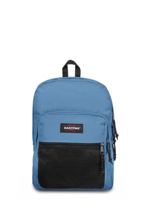 Blue Eastpak backpack with black mesh front pocket and three zipper pulls on white background.