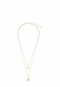 Guldtonad lagerhalsband med två kedjor. En har en slät tårformad hänge; den andra har ett litet, strukturerat tårformad hänge.