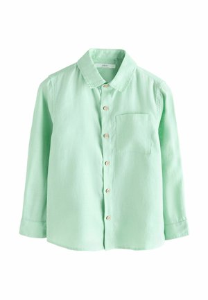 Light green long-sleeve button-up shirt with a collar and chest pocket, displayed against a white background.