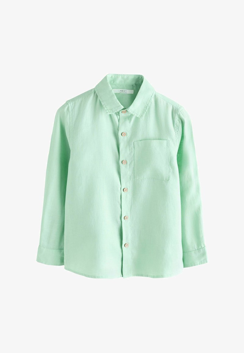 Hellgrünes langärmeliges Hemd mit Knopfleiste, Kragen und Brusttasche, vor weißem Hintergrund dargestellt.