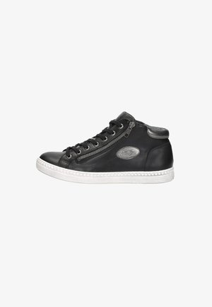 Black leather high-top sneaker with a white rubber sole, featuring a side zipper, round laces, and a decorative grey logo patch.