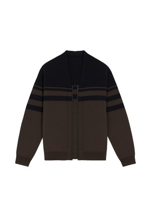 Cardigan lavorato a maglia in marrone scuro e blu navy con righe orizzontali, apertura frontale, polsini a coste e vestibilità comoda. Texture morbida, design moderno.