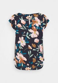 Blouse florale à manches courtes, fond bleu marine foncé, ornée de fleurs roses, brunes et vertes, avec un col rond et un détail dos en forme de trou de serrure.