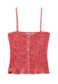 Rode geruite crop top met spaghettibandjes, voorzien van een smocked ontwerp, knopen aan de voorkant en een gerafeld onderrand.