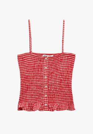 Top corto de cuadros rojos con tirantes finos, que presenta un diseño fruncido, cierre delantero con botones y un dobladillo con volantes.