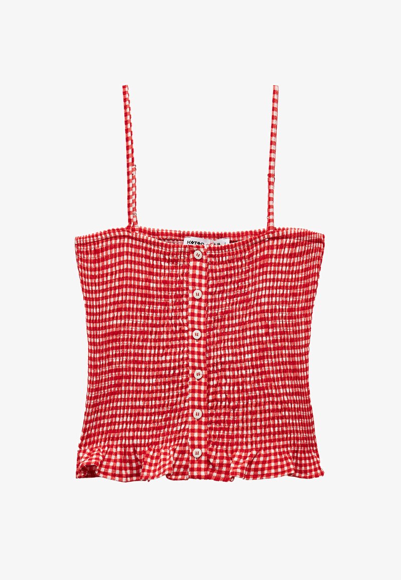 Rotes Karomuster-Crop-Top mit Spaghettiträgern, featuring ein rüschendes Design, Knopfverschluss an der Vorderseite und einen gesmokten Saum.