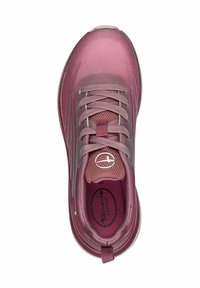 Pink athletic shoe with a breathable mesh upper, rounded toe, padded tongue, and textured accents. Features multiple eyelets for laces.