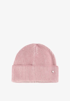 Pink ribbed knit beanie with a folded cuff and a small metallic accent, featuring a soft texture and a rounded top design.
