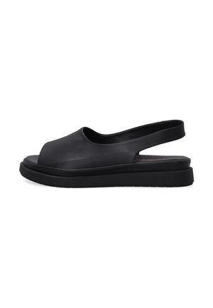 Black synthetic slide sandals with open toe and slingback design. Features a thick platform sole and smooth texture throughout.