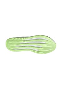 Semelle de chaussure de couleur verte avec des accents blancs. Présente une surface texturée avec des rainures et des crêtes pour une traction et une stabilité accrues.